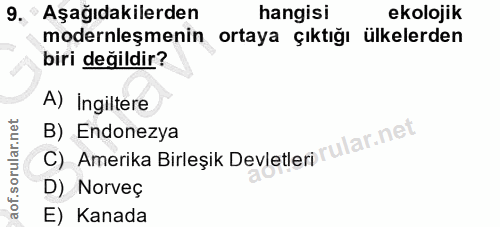 9. soru: Aşağıdakilerden hangisi ekolojik modernleşmenin ortaya çıktığı ülkelerden biri değildir? A) Ingiltere C) Amerika Birl…