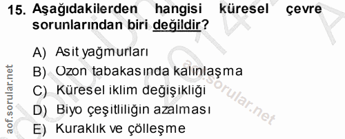 15. soru: Aşağıdakilerden hangisi küresel çevre sorunlarından biri değildir? A) Asit yağmurları B) Ozon tabakas ında kalınlaşma…