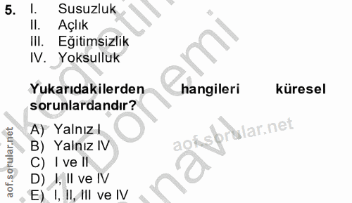 5. soru: I. Susuzluk II. Açlık IlI. Eğitimsizlik IV. Yoksulluk Yukarıdakilerden hangileri küresel sorunlardandır? A) Yalnız l…
