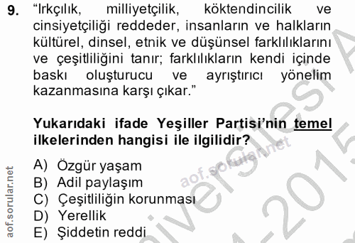 9. soru: "Irkçılık, milliyetçilik, köktendincilik ve cinsiyetçiliği reddeder, insanların ve halkların kültürel, dinsel, etnik…