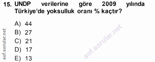 15. soru: UNDP verilerine göre 2009 yılında Türkiye'de yoksulluk oranı % kaçtır? A) 44 B) 27 C) 21 D) 17 E) 13