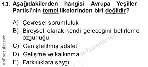 13. soru: Aşağıdakilerden hangisi Avrupa Yeşiller Partisi'nin temel ilkelerinden biri değildir? A) Çevresel sorumluluk B) Birey…