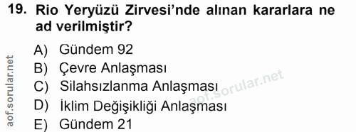 19. soru: Rio Yeryüzü Zirvesi'nde alınan kararlara ne ad verilmiştir? A) Gündem 92 B) Çevre Anlaşması C) Silahsızlanma Anlaşmas…