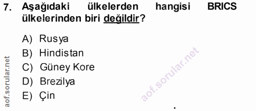 7. soru: Aşağıdaki ülkelerden hangisi BRICS ülkelerinden biri değildir? A) Rusya B) Hindistan C) Güney Kore D) Brezilya E) Çin