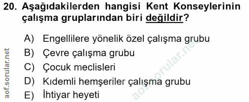 20. soru: Aşağıdakilerden hangisi Kent Konseylerinin çalışma gruplarından biri değildir? A) Engellilere yönelik özel çalışma gr…