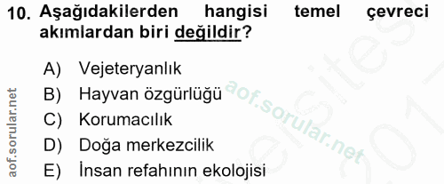 10. soru: Aşağıdakilerden hangisi temel çevrecı akımlardan biri değildir? B) Hayvan özgürlüğü or sorular nes A) Vejeteryanlık C…