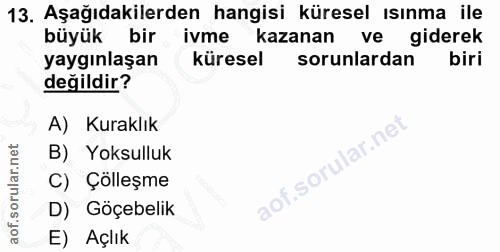 13. soru: Aşağıdakilerden hangisi küresel ısınma ile büyük bir ivme kazanan ve giderek yaygınlaşan küresel sorunlardan biri değ…