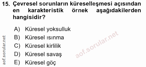 15. soru: Çevresel sorunların küreselleşmesi açısından en karakteristik örnek aşağıdakilerden hangisidir? A) Küresel yoksulluk…