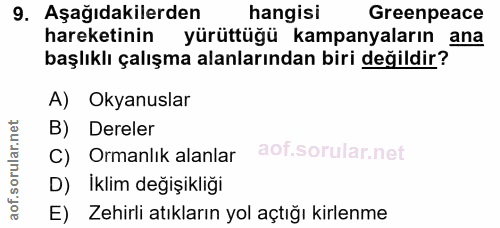 9. soru: Aşağıdakilerden hangisi Greenpeace hareketinin yürüttüğü kampanyaların ana başlıklı çalışma alanlarından biri değildi…