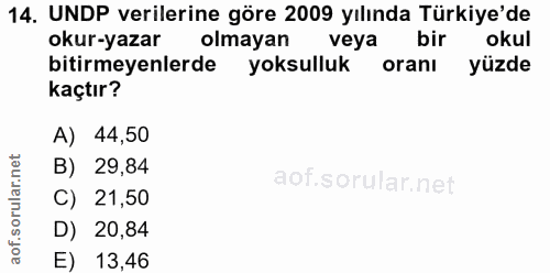 14. soru: Unuryeaiterini göre 20°9 yyada Türkiyede okur-yazar olmayan veya bir bitirmeyenlerde yoksulluk oranı yüzde kaçtır? A)…