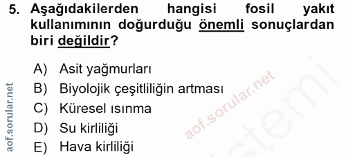 5. soru: Aşağıdakilerden hangisi fosil yakıt kullanımının doğurduğu önemli sonuçlardan biri değildir? A) Asit yağmurları B) Bi…
