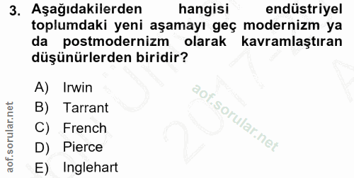 3. soru: Aşağıdakilerden hangisi endüstriyel toplumdaki yeni aşamayı geç modernizm ya da postmodernizm olarak kavramlaştıran d…