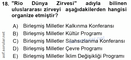 18. soru: "Rio Dünya Zirvesi" adıyla bilinen uluslararası zirveyi aşağıdakilerden hangisi organize etmiştir? A) Birleşmiş Mille…