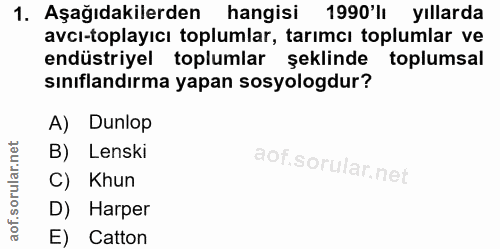 1. soru: Aşağıdakilerden hangisi 1990'l yıllarda avcı-toplayıcı toplumlar, tarımcı toplumlar ve endüstriyel toplumlar şeklinde…