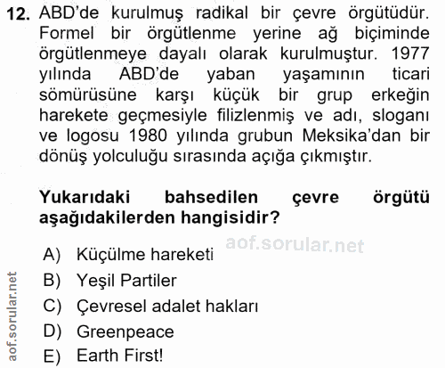 12. soru: ABD'de kurulmuş radikal bir çevre örgütüdür. Formel bir örgütlenme yerine ağ biçiminde örgütlenmeye dayalı olarak kur…