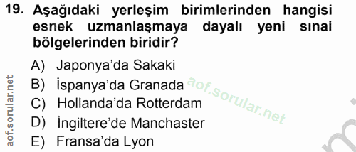 19. soru: Aşağıdaki yerleşim birimlerinden hangisi esnek uzmanlaşmaya dayalı yeni sınai bölgelerinden biridir? B) İspanya'da Gr…