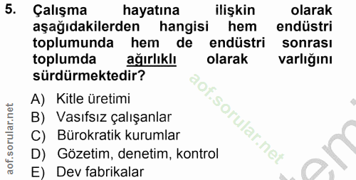 5. soru: Çalışma hayatına ilişkin olarak aşağıdakilerden hangisi hem endüstri toplumunda hem de endüstri sonrasi toplumda ağır…