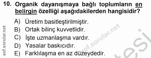 10. soru: Organik dayanışmaya bağlı toplumların en belirgin özelliği aşağıdakilerden hangisidir? A) Üretim basitleştirilmiştir.…