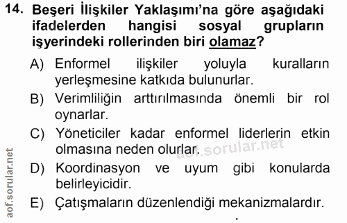 14. soru: Beşeri İlişkiler Yaklaşımı'na göre aşağıdaki ifadelerden hangisi sosyal grupların işyerindeki rollerinden biri olamaz…