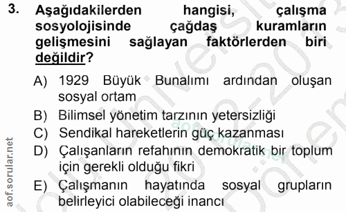 3. soru: Aşağıdakilerden hangisi, çalışma sosyolojisinde çağdaş kuramların gelişmesini sağlayan faktörlerden biri değildir? A)…