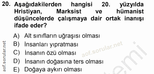 20. soru: Aşağıdakilerden hangisi 20. yüzyılda Hristiyan, Marksist ve hümanist düşüncelerde çalışmaya dair ortak inanışı ifade…