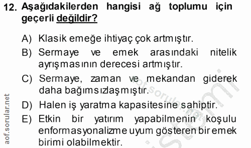 12. soru: Aşağıdakilerden hangisi ağ toplumu için geçerli değildir? A) Klasik emeğe ihtiyaç çok artm ıştır. B) Sermaye ve emek…