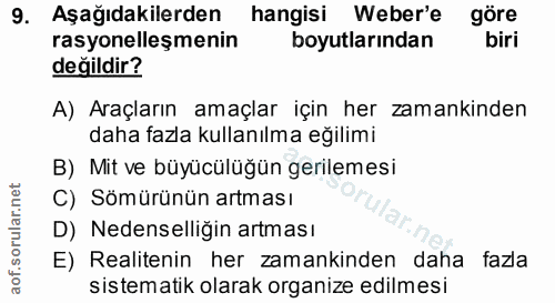 9. soru: Aşağıdakilerden hangisi Weber'e göre rasyonelleşmenin boyutlarından biri değildir? A) Araçların amaçlar için her zama…