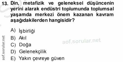 13. soru: Din, metafizik ve geleneksel düşüncenin yerini alarak endüstri toplumunda toplumsal yaşamda merkezi önem kazanan kavr…