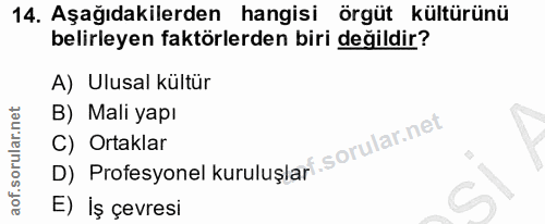 14. soru: Aşağıdakilerden hangisi örgüt kültürünü belirleyen faktörlerden biri değildir? A) Ulusal kültür B) Mali yapı D) Profe…