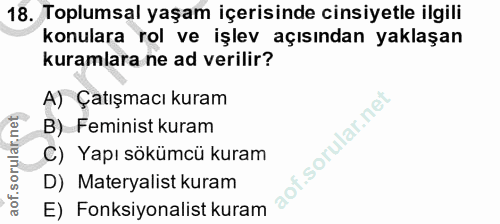 18. soru: Toplumsal yaşam içerisinde cinsiyetle ilgili konulara rol ve işlev açısından yaklaşan kuramlara ne ad verilir? A) Çat…