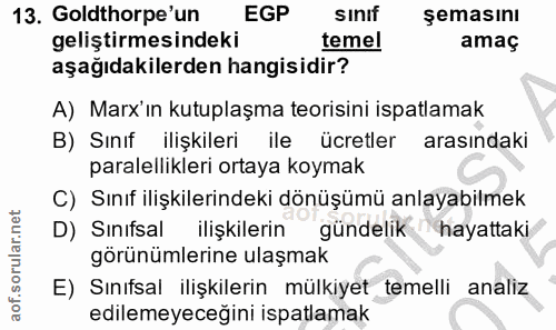 13. soru: Goldthorpe'un EGP sınif şemasını geliştirmesindeki temel amaç aşağıdakilerden hangisidir? A) Marx'in kutuplaşma teori…