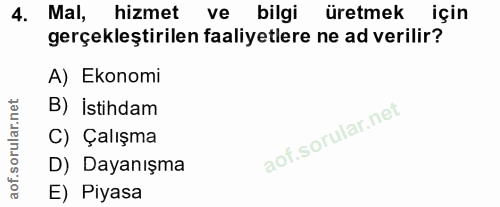 4. soru: Mal, hizmet ve bilgi üretmek için gerçekleştirilen faaliyetlere ne ad verilir? A) Ekonomi B) İstihdam C) Çalışma D) D…