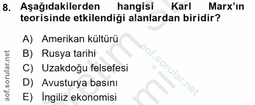 8. soru: Aşağıdakilerden hangisi Karl Marx'in teorisinde etkilendiği alanlardan biridir? A) Amerikan kültürü B) Rusya tarihi C…