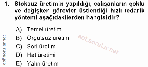 1. soru: Stoksuz üretimin yapıldığı, çalışanların çoklu ve değişken görevler üstlendiği hızlı tedarik yöntemi aşağıdakilerden…