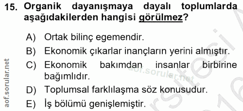 15. soru: Organik dayanışmaya dayalı toplumlarda aşağıdakilerden hangisi görülmez? A) Ortak bilinç egemendir. B) Ekonomik çıkar…
