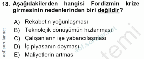 18. soru: Aşağıdakilerden hangisi Fordizmin krize girmesinin nedenlerinden biri değildir? A) Rekabetin yoğunlaşması B) Teknoloj…