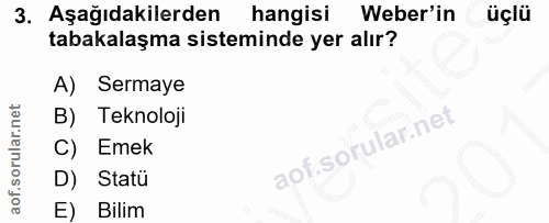 3. soru: Aşağıdakilerden hangisi Weber'in üçlü tabakalaşma sisteminde yer alır? A) Sermaye B) Teknoloji C) Emek D) Statu E) Bilim