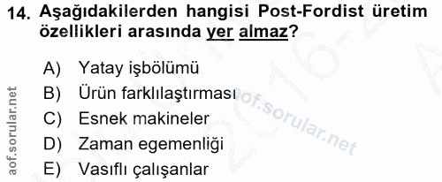 14. soru: Aşağıdakilerden hangisi Post-Fordist üretim özellikleri arasında yer almaz? A) Yatay işbölümü B) Urün farklılaştırmas…