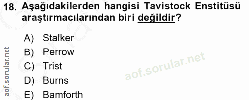 18. soru: Aşağıdakilerden hangisi Tavistock Enstitüsü araştırmacılarından biri değildir? A) Stalker B) Perrow C) Trist D) Burns…