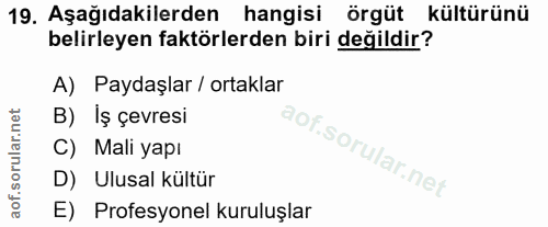 19. soru: Aşağıdakilerden hangisi örgüt kültürünü belirleyen faktörlerden biri değildir? A) Paydaşlar / ortaklar B) Iş çevresi…