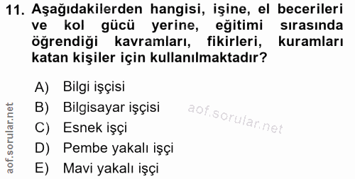 11. soru: Aşağıdakilerden hangisi, işine, el becerileri ve kol gücü yerine, eğitimi sirasinda öğrendiği kavramları, fikirleri,…