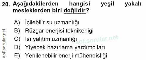 20. soru: Aşağıdakilerden hangisi yeşil yakalı mesleklerden biri değildir? A) İçilebilir su uzmanlığı B) Rüzgar enerjisi teknik…
