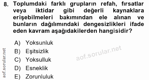 8. soru: Toplumdaki farklı grupların refah, fırsatlar veya iktidar gibi değerli kaynaklara erişebilmeleri bakımından ele alına…