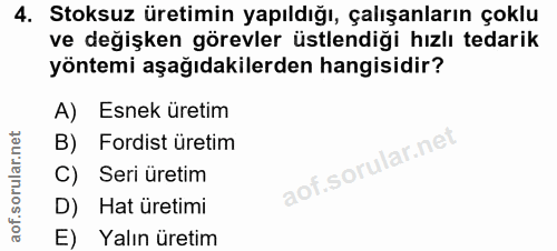 4. soru: Stoksuz üretimin yapıldığı, çalışanların çoklu ve değişken görevler üstlendiği hızlı tedarik yöntemi aşağıdakilerden…