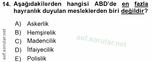 14. soru: Aşağıdakilerden hangisi ABD'de en fazla hayranlık duyulan mesleklerden biri değildir? A) Askerlik B) Hemşirelik C) Ma…