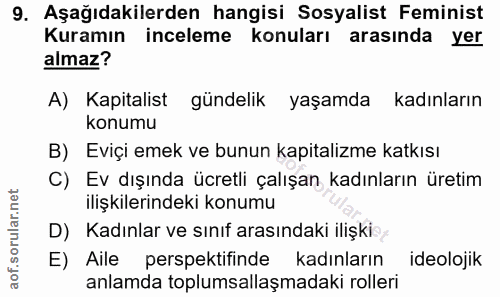 9. soru: Aşağıdakilerden hangisi Sosyalist Feminist Kuramın inceleme konuları arasında yer almaz? A) Kapitalist gündelik yaşam…