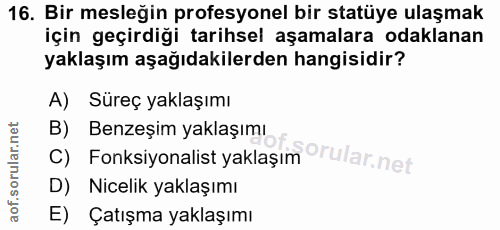 16. soru: Bir mesleğin profesyonel bir statüye ulaşmak için geçirdiği tarihsel aşamalara odaklanan yaklaşım aşağıdakilerden han…