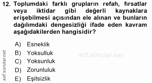 12. soru: Toplumdaki farklı grupların refah, fırsatlar veya iktidar gibi değerli kaynaklara erişebilmesi açısından ele alınan v…
