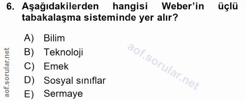 6. soru: Aşağıdakilerden hangisi Weber'in üçlü tabakalaşma sisteminde yer alır? A) Bilim B) Teknoloji C) Emek D) Sosyal sınıfl…