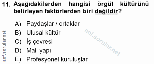 11. soru: Aşağıdakilerden hangisi örgüt kültürünü belirleyen faktörlerden biri değildir? A) Paydaşlar / ortaklar B) Ulusal kült…